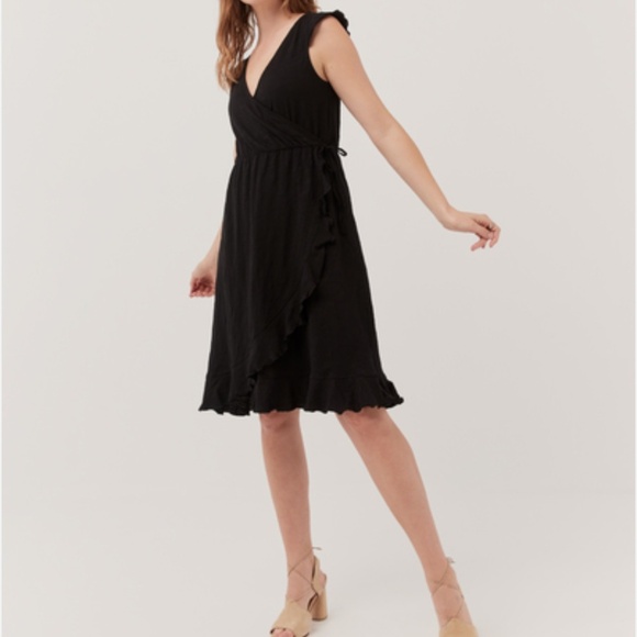 PACT Easy Wrap Dress S Organic Cotton Black Ruffle Beach Minimalist Lightweight - Picture 12 of 12